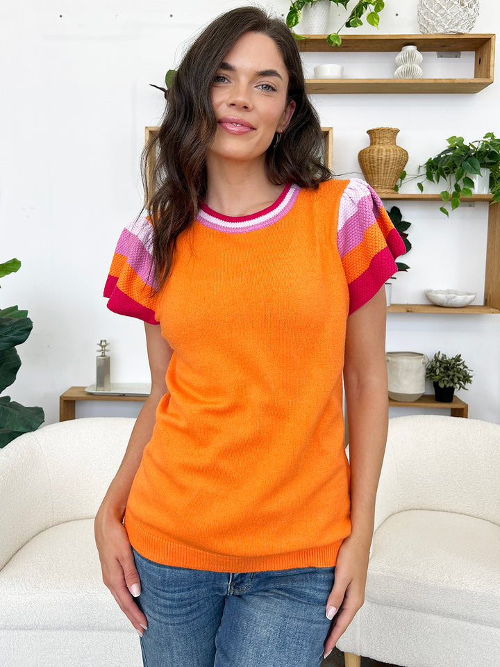 Color Block Round Neck Knit Top-Trendsi-Orange-S-[option4]-[option5]-[option6]-[option7]-[option8]-Shop-Boutique-Clothing-for-Women-Online