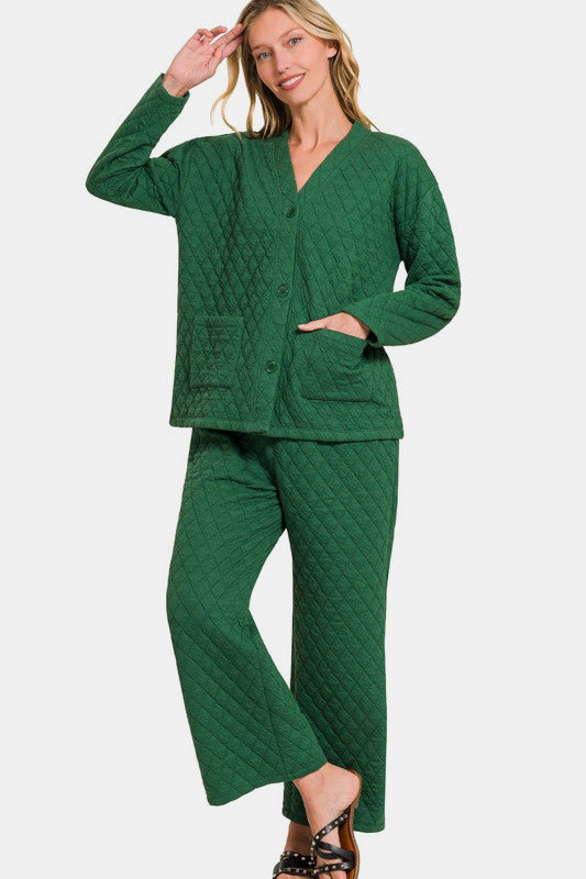 Zenana Quilted Button Up Long Sleeve Top and Pants Lounge Set-Trendsi-Dark Green-S-[option4]-[option5]-[option6]-[option7]-[option8]-Shop-Boutique-Clothing-for-Women-Online