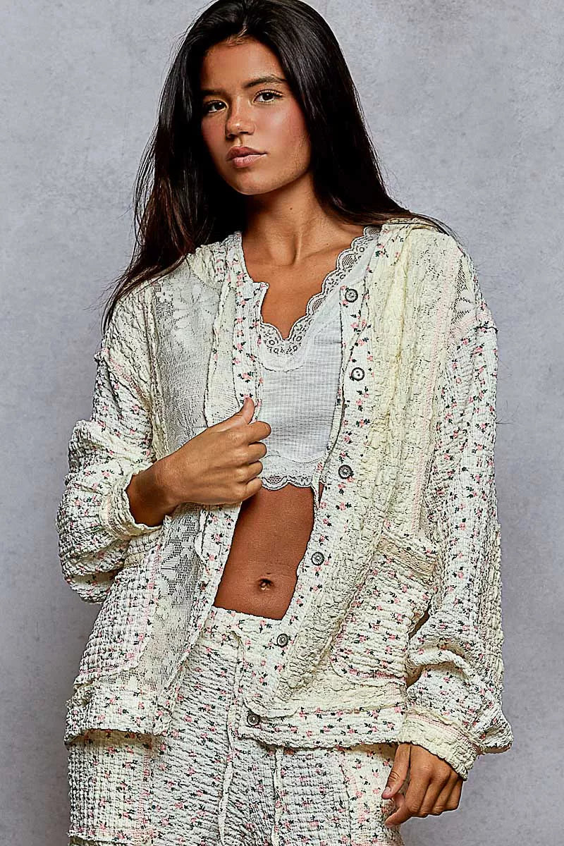 POL Floral Balloon Sleeve Hooded Lace Jacket with Stitch Detail-Jacket-Trendsi-[option4]-[option5]-[option6]-[option7]-[option8]-Shop-Boutique-Clothing-for-Women-Online