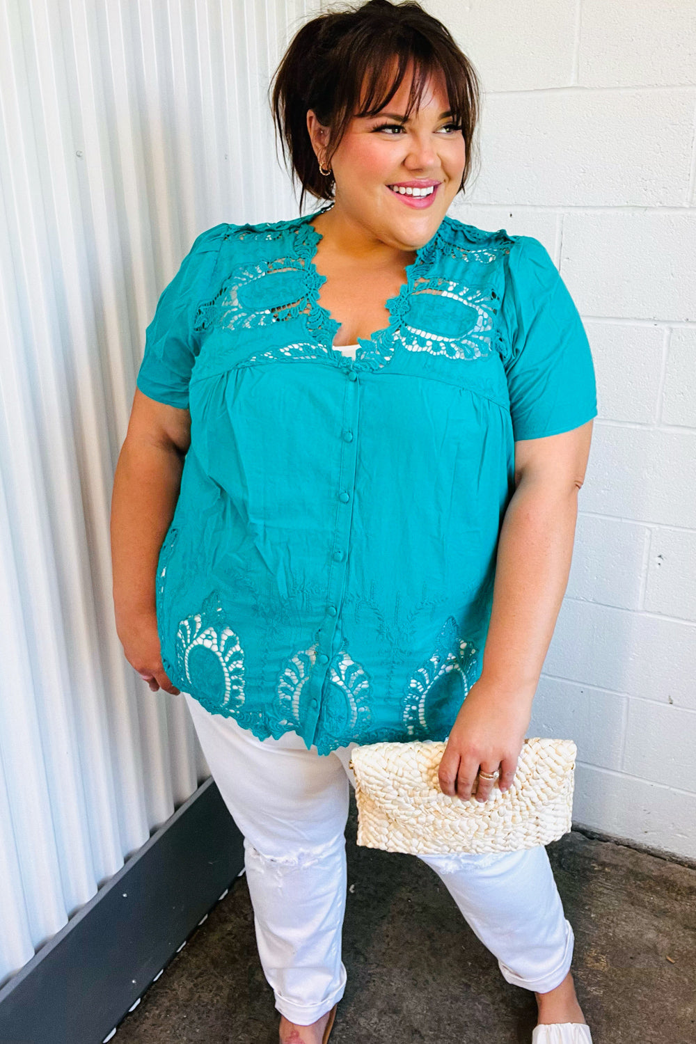 Teal Cotton Embroidered Button Down Cotton Top-Haptics-[option4]-[option5]-[option6]-[option7]-[option8]-Shop-Boutique-Clothing-for-Women-Online