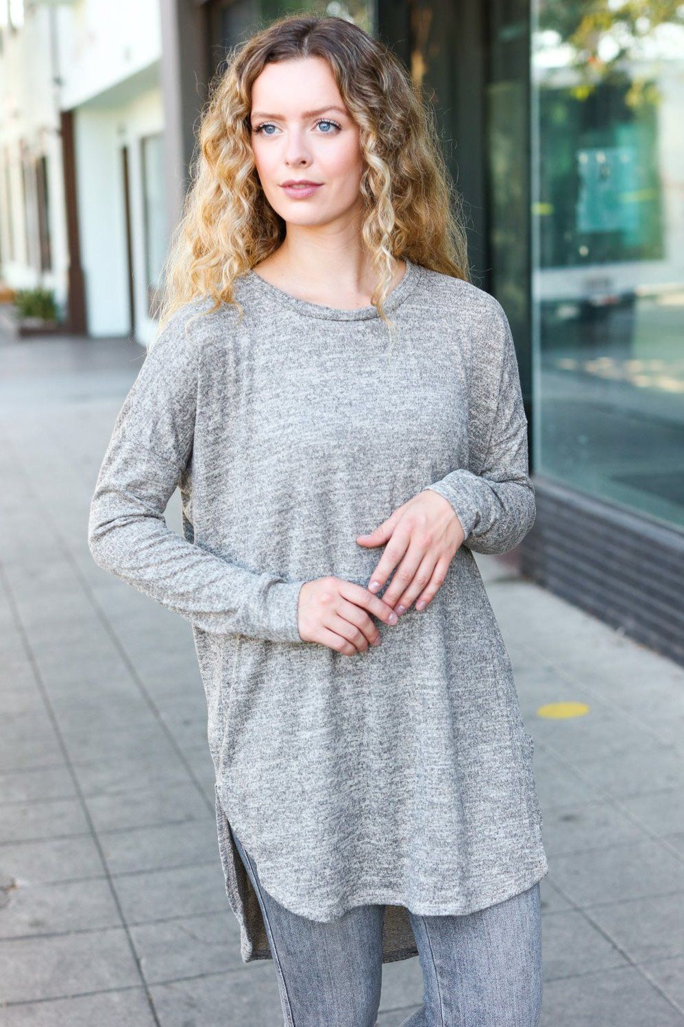 Casual Living Grey Two-Tone Tunic Side Slit Pullover-Beeson River-[option4]-[option5]-[option6]-[option7]-[option8]-Shop-Boutique-Clothing-for-Women-Online