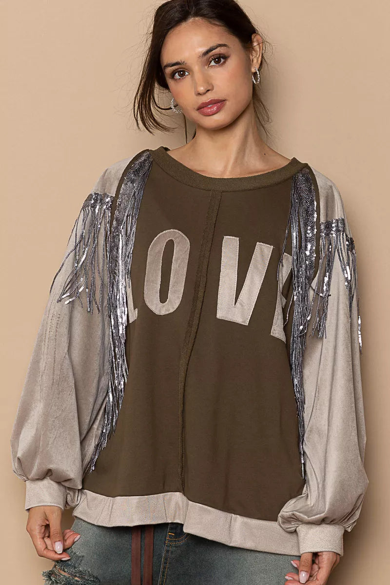 POL Balloon Sleeve French Terry Sweatshirt with Sequin Tassel-Sweatshirts-Trendsi-[option4]-[option5]-[option6]-[option7]-[option8]-Shop-Boutique-Clothing-for-Women-Online