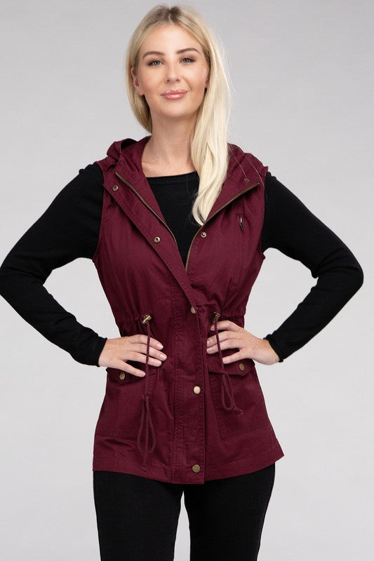 Zenana Drawstring Waist Military Hoodie Vest-ZENANA-[option4]-[option5]-[option6]-[option7]-[option8]-Shop-Boutique-Clothing-for-Women-Online