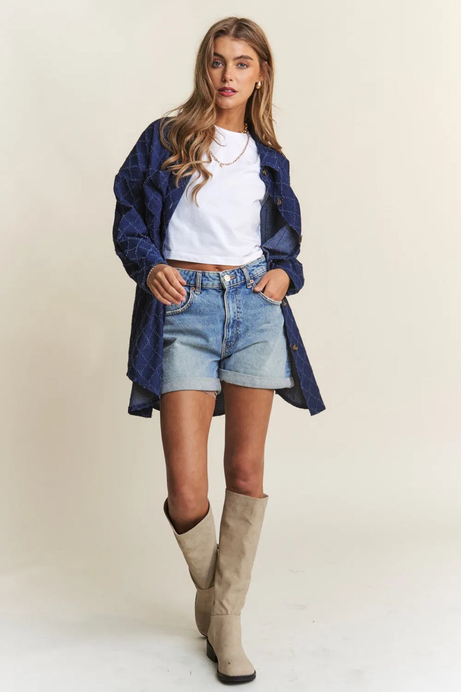 J.NNA Rhombus Stitched Button Up Denim Shacket-Womens Outerwear/Shacket-Trendsi-[option4]-[option5]-[option6]-[option7]-[option8]-Shop-Boutique-Clothing-for-Women-Online