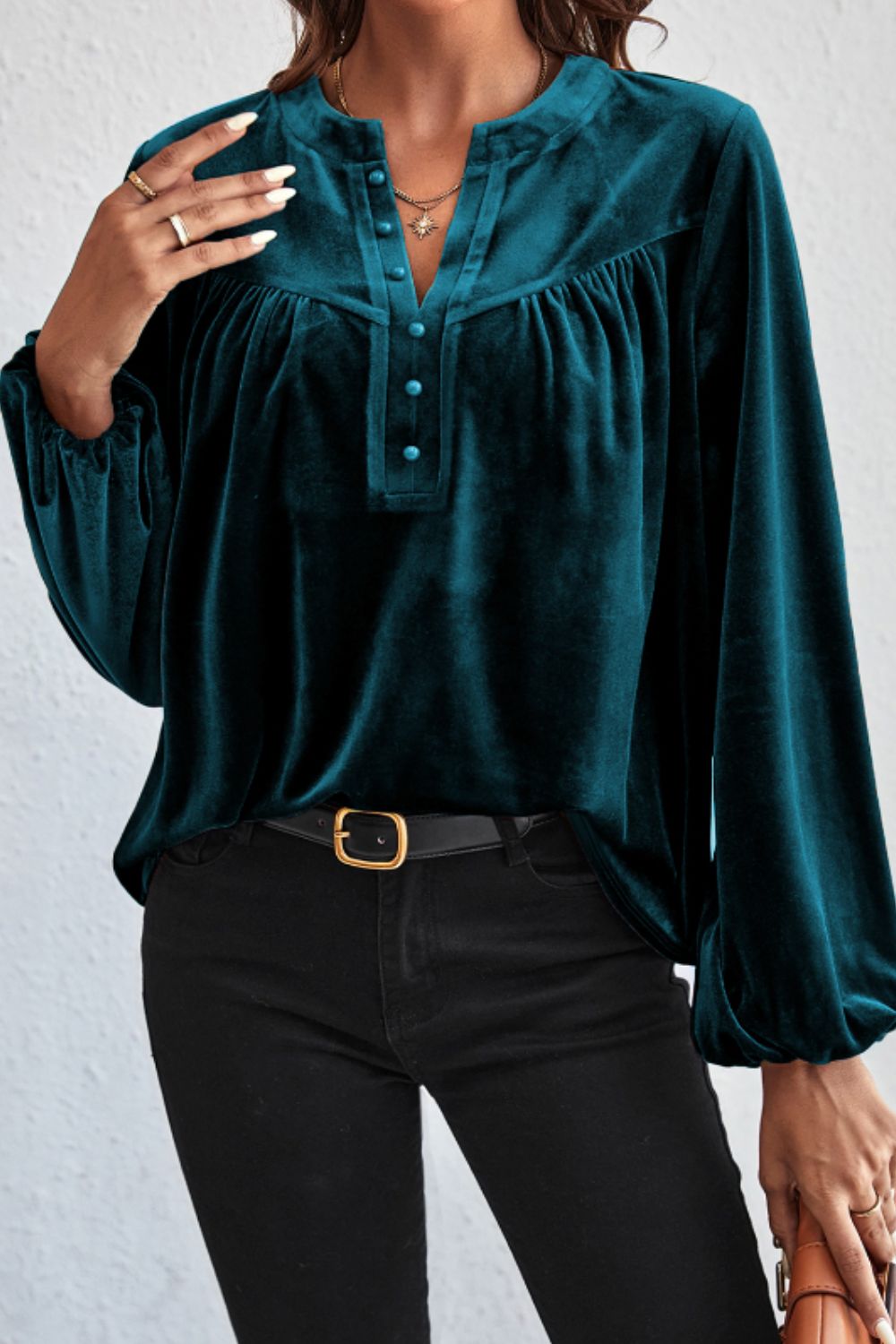 Notched Long Sleeve Velvet Top-Trendsi-Deep Teal-S-[option4]-[option5]-[option6]-[option7]-[option8]-Shop-Boutique-Clothing-for-Women-Online