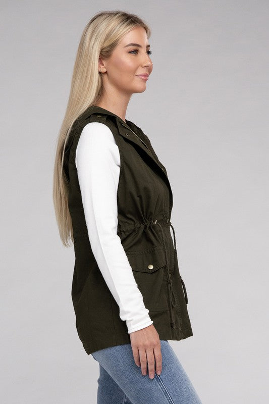 Zenana Drawstring Waist Military Hoodie Vest-ZENANA-[option4]-[option5]-[option6]-[option7]-[option8]-Shop-Boutique-Clothing-for-Women-Online