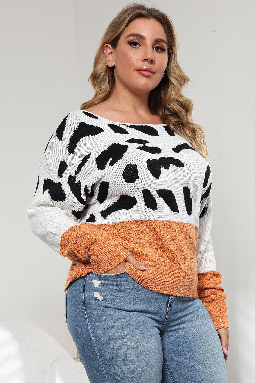 Plus Size Leopard Round Neck Long Sleeve Sweater-Sweaters-Trendsi-[option4]-[option5]-[option6]-[option7]-[option8]-Shop-Boutique-Clothing-for-Women-Online
