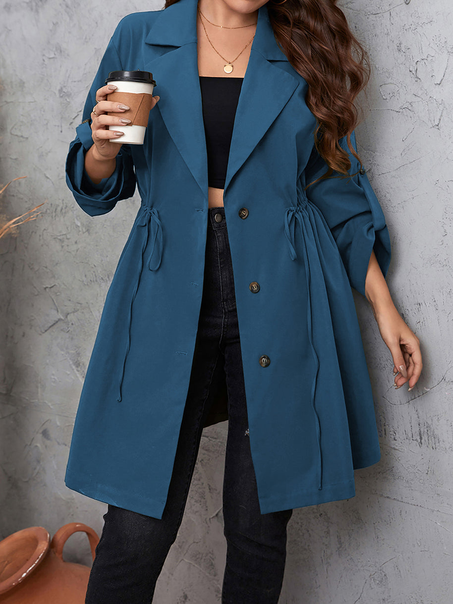 Honey Plus Size Lapel Collar Drawstring Roll-Tab Sleeve Trench Coat-Coats & Jackets-Trendsi-[option4]-[option5]-[option6]-[option7]-[option8]-Shop-Boutique-Clothing-for-Women-Online