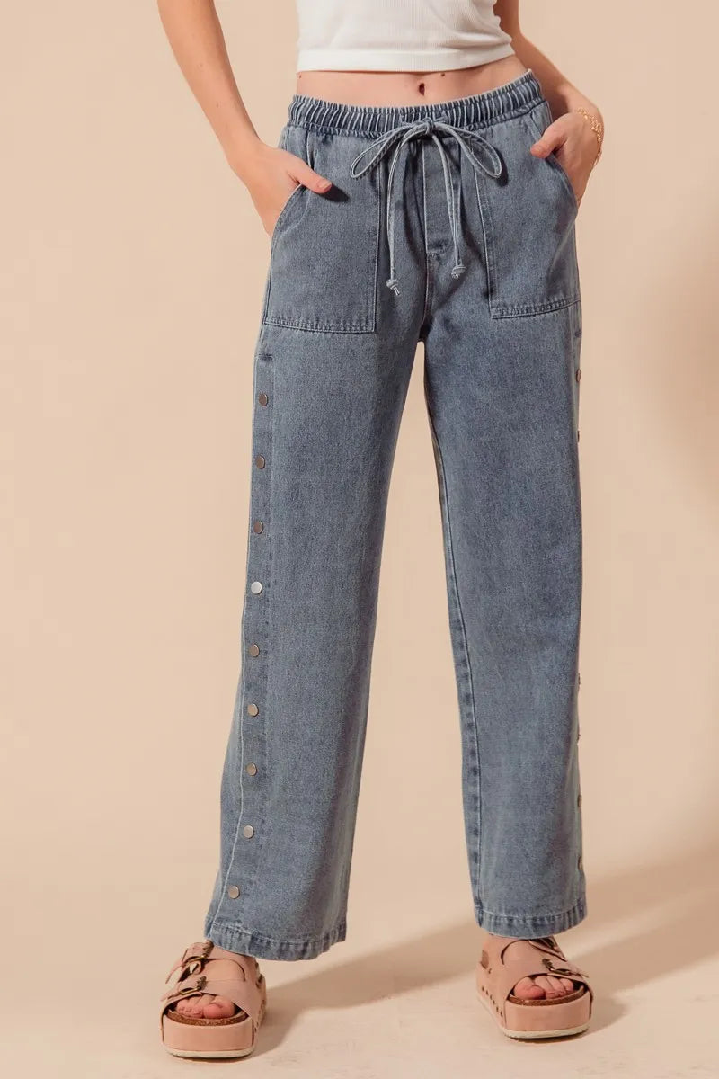 SO ME Mid Rise Drawstring Jeans with Side Snap Button-Jeans-Trendsi-[option4]-[option5]-[option6]-[option7]-[option8]-Shop-Boutique-Clothing-for-Women-Online