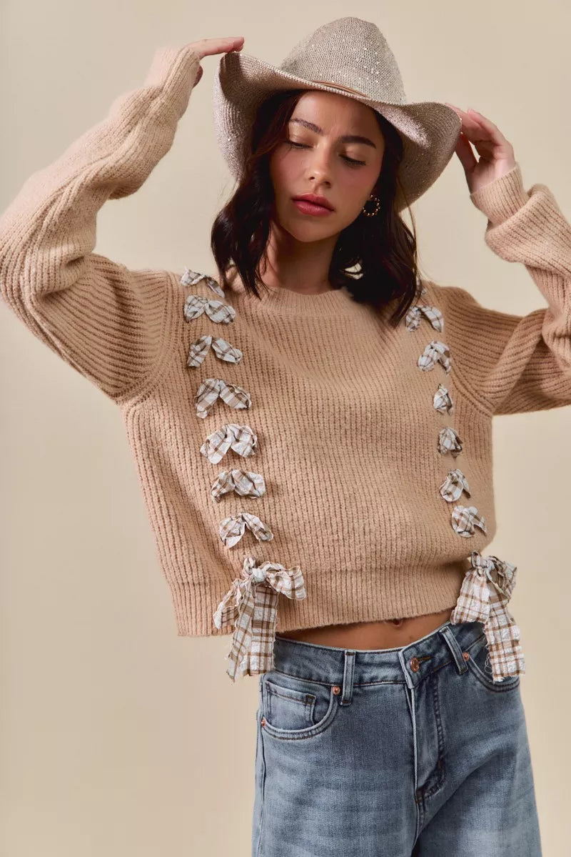 SO ME Checkered Plaid Tape Lace Up Ribbed Sweater-Sweaters-Trendsi-[option4]-[option5]-[option6]-[option7]-[option8]-Shop-Boutique-Clothing-for-Women-Online