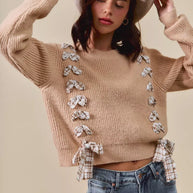 SO ME Checkered Plaid Tape Lace Up Ribbed Sweater-Sweaters-Trendsi-[option4]-[option5]-[option6]-[option7]-[option8]-Shop-Boutique-Clothing-for-Women-Online