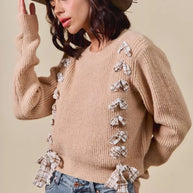 SO ME Checkered Plaid Tape Lace Up Ribbed Sweater-Sweaters-Trendsi-[option4]-[option5]-[option6]-[option7]-[option8]-Shop-Boutique-Clothing-for-Women-Online