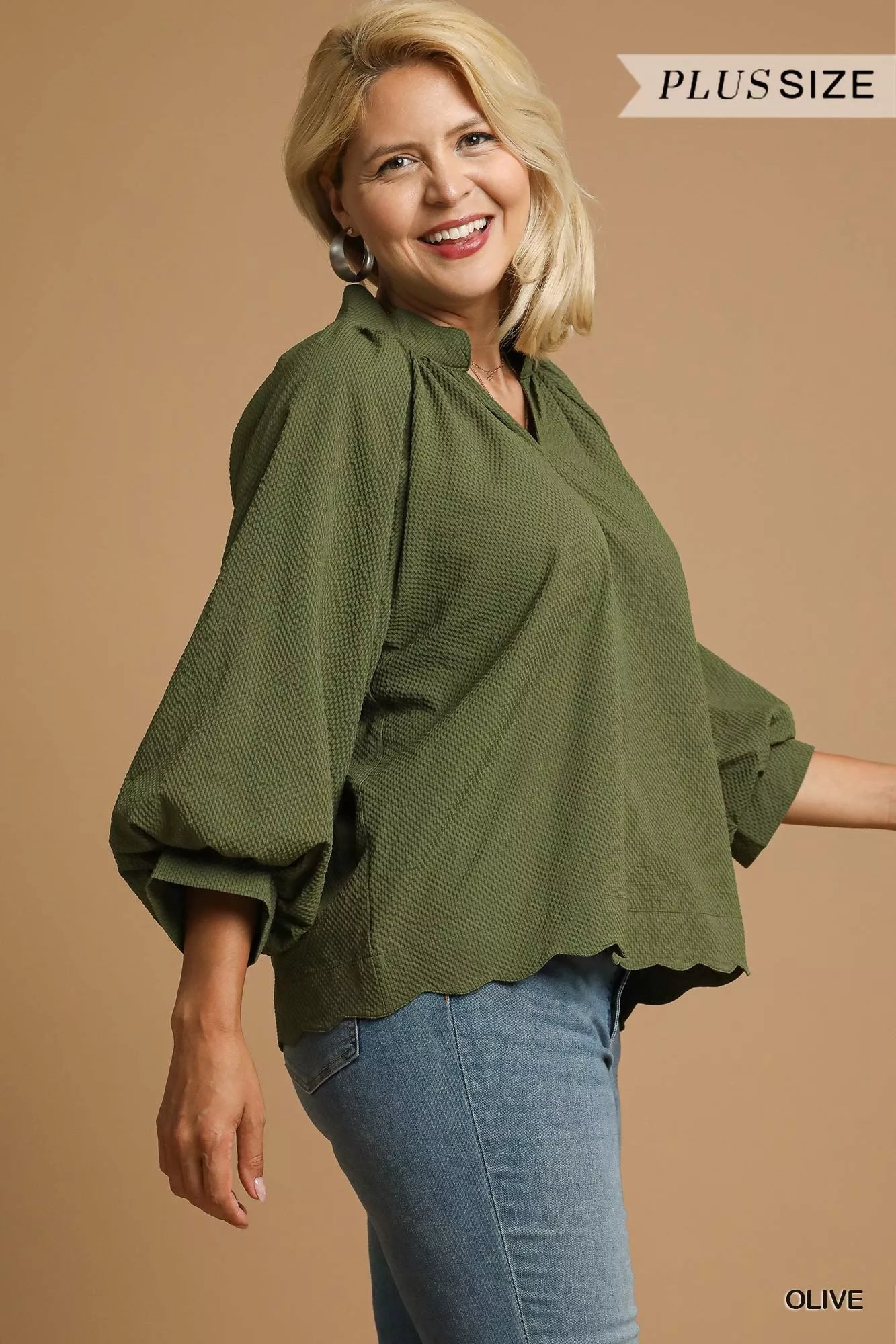 Textured Notched Balloon Sleeve Blouse-Blouses-Trendsi-[option4]-[option5]-[option6]-[option7]-[option8]-Shop-Boutique-Clothing-for-Women-Online