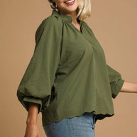 Textured Notched Balloon Sleeve Blouse-Blouses-Trendsi-[option4]-[option5]-[option6]-[option7]-[option8]-Shop-Boutique-Clothing-for-Women-Online