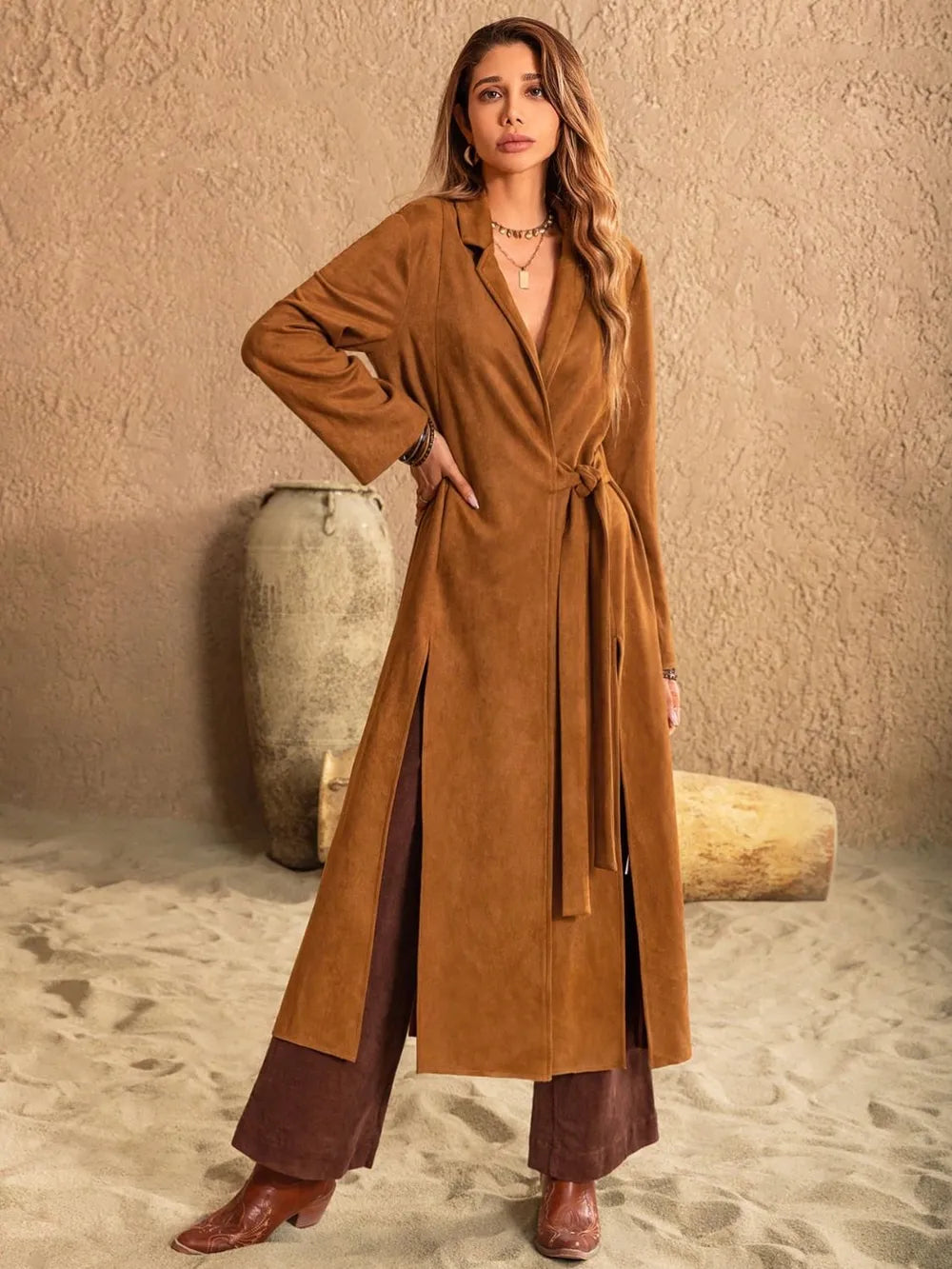 Slit Tied Collared Neck Longline Coat-Coats & Jackets-Trendsi-[option4]-[option5]-[option6]-[option7]-[option8]-Shop-Boutique-Clothing-for-Women-Online