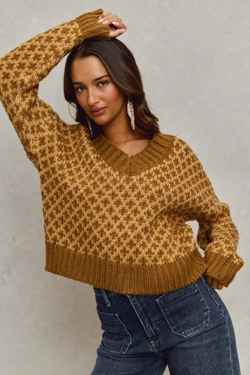 SO ME Color Block Textured Christmas Sweater V Neck Top-Sweaters-Trendsi-[option4]-[option5]-[option6]-[option7]-[option8]-Shop-Boutique-Clothing-for-Women-Online
