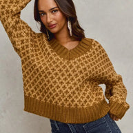 SO ME Color Block Textured Christmas Sweater V Neck Top-Sweaters-Trendsi-[option4]-[option5]-[option6]-[option7]-[option8]-Shop-Boutique-Clothing-for-Women-Online