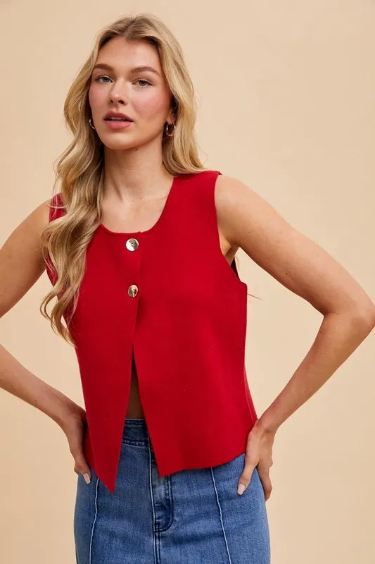Annie Wear Metal Button Detail Crop Sweater Vest-Vest-Trendsi-[option4]-[option5]-[option6]-[option7]-[option8]-Shop-Boutique-Clothing-for-Women-Online