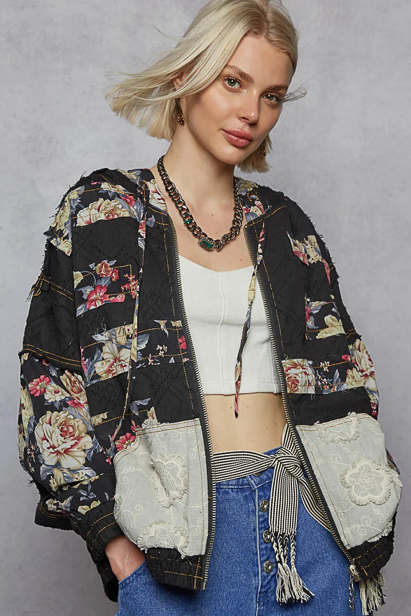 POL Zip Up Floral and Lace Patch Washed Jacket-Jacket-Trendsi-[option4]-[option5]-[option6]-[option7]-[option8]-Shop-Boutique-Clothing-for-Women-Online