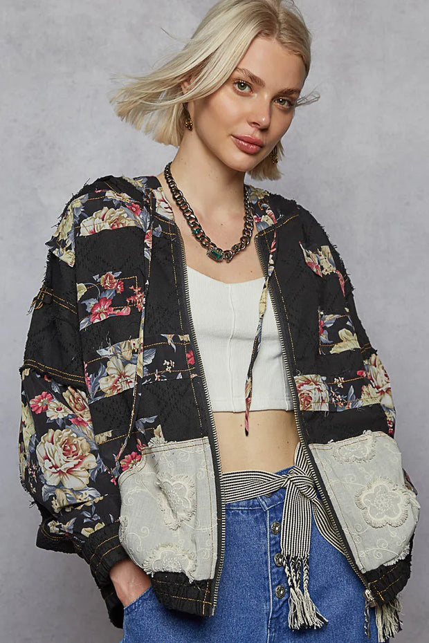 POL Zip Up Floral and Lace Patch Washed Jacket-Jacket-Trendsi-[option4]-[option5]-[option6]-[option7]-[option8]-Shop-Boutique-Clothing-for-Women-Online