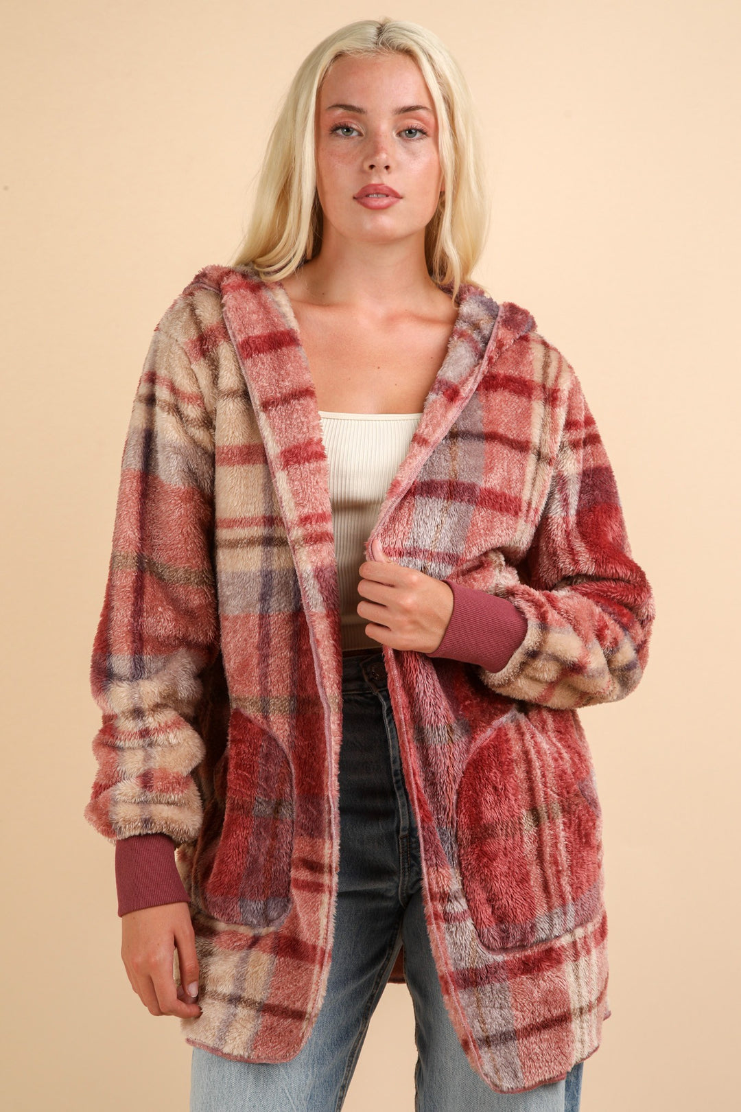 VERY J Fuzzy Plaid Long Sleeve Hooded Jacket-Trendsi-Mauve Mix-S-[option4]-[option5]-[option6]-[option7]-[option8]-Shop-Boutique-Clothing-for-Women-Online