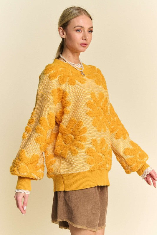 Davi & Dani Flower Texture Round Neck Dropped Shoulder Sweater-Trendsi-[option4]-[option5]-[option6]-[option7]-[option8]-Shop-Boutique-Clothing-for-Women-Online