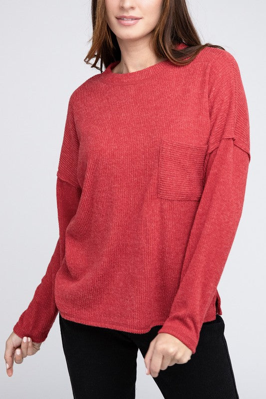 Zenana Ribbed Brushed Melange Hacci Sweater with a Pocket-ZENANA-DK RED-S-[option4]-[option5]-[option6]-[option7]-[option8]-Shop-Boutique-Clothing-for-Women-Online