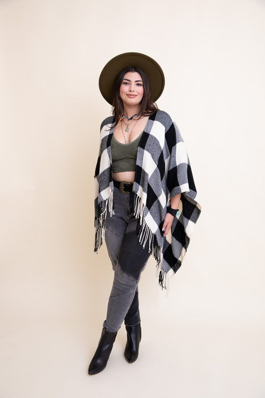 Buffalo Check Tassel Poncho-Leto Accessories-White/Black-Default-[option4]-[option5]-[option6]-[option7]-[option8]-Shop-Boutique-Clothing-for-Women-Online