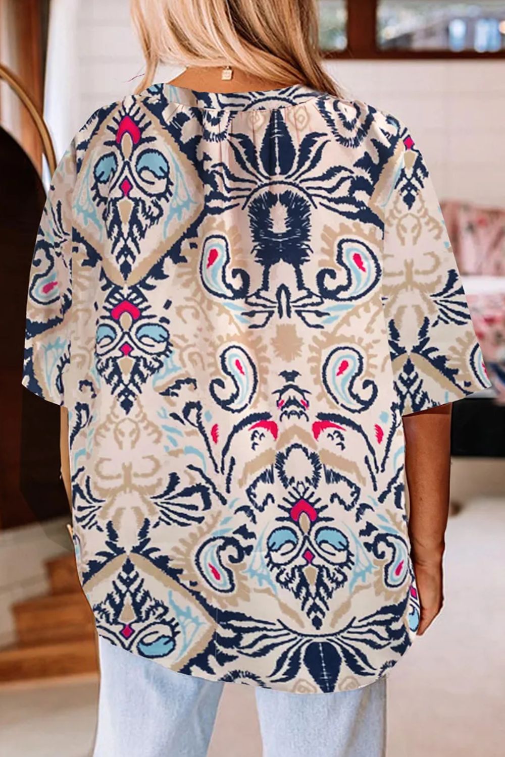 Printed Notched Half Sleeve Blouse-Trendsi-[option4]-[option5]-[option6]-[option7]-[option8]-Shop-Boutique-Clothing-for-Women-Online