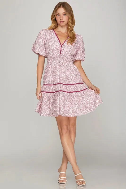 She + Sky Full Size Printed V-Neck Puff Sleeve Tiered Dress-Dresses-Trendsi-[option4]-[option5]-[option6]-[option7]-[option8]-Shop-Boutique-Clothing-for-Women-Online