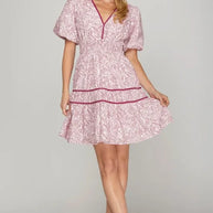 She + Sky Full Size Printed V-Neck Puff Sleeve Tiered Dress-Dresses-Trendsi-[option4]-[option5]-[option6]-[option7]-[option8]-Shop-Boutique-Clothing-for-Women-Online