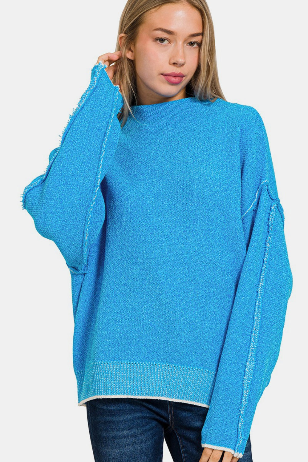 Zenana Exposed Seam Mock Neck Long Sleeve Sweater-Trendsi-Deep Sky-S/M-[option4]-[option5]-[option6]-[option7]-[option8]-Shop-Boutique-Clothing-for-Women-Online