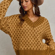 SO ME Color Block Textured Christmas Sweater V Neck Top-Sweaters-Trendsi-[option4]-[option5]-[option6]-[option7]-[option8]-Shop-Boutique-Clothing-for-Women-Online