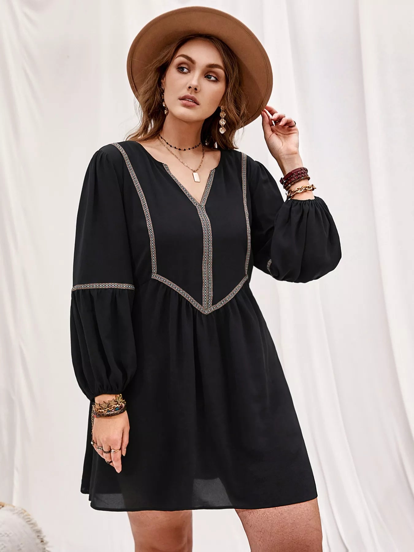 Plus Size Notched Balloon Sleeve Mini Dress-Dresses-Trendsi-[option4]-[option5]-[option6]-[option7]-[option8]-Shop-Boutique-Clothing-for-Women-Online