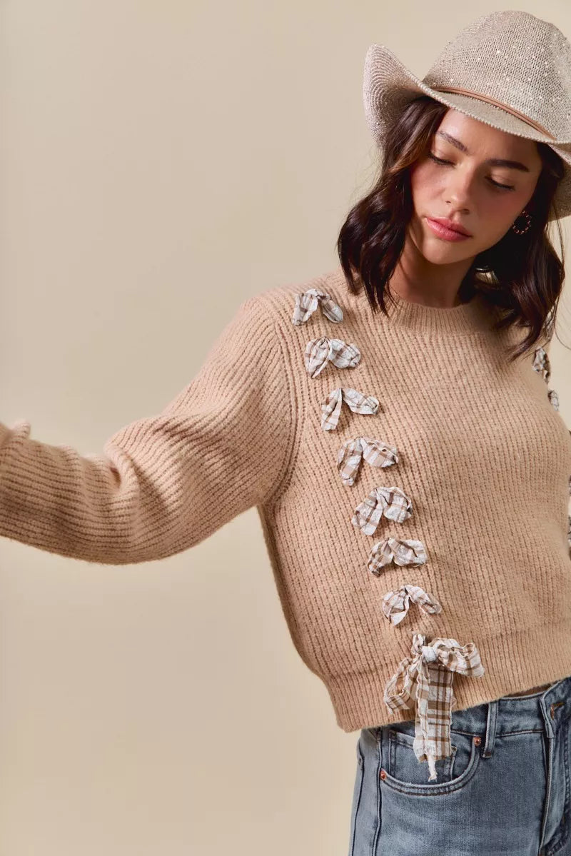 SO ME Checkered Plaid Tape Lace Up Ribbed Sweater-Sweaters-Trendsi-[option4]-[option5]-[option6]-[option7]-[option8]-Shop-Boutique-Clothing-for-Women-Online