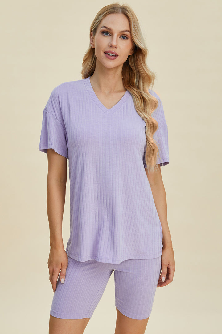 Basic Bae Ribbed V-Neck Short Sleeve Top and Shorts Set-Trendsi-Lavender-S-[option4]-[option5]-[option6]-[option7]-[option8]-Shop-Boutique-Clothing-for-Women-Online