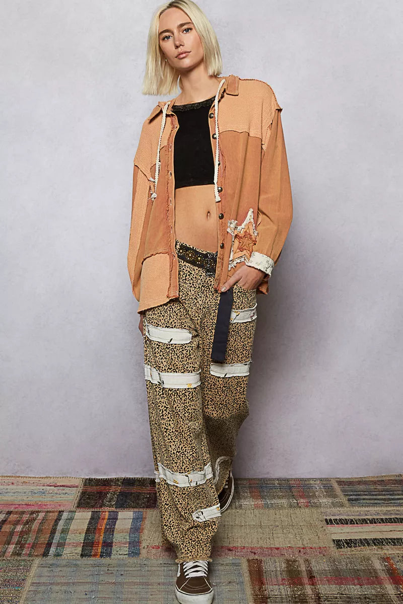 POL Button Down Hooded Jacket with with Star Patch Pattern-Coats & Jackets-Trendsi-[option4]-[option5]-[option6]-[option7]-[option8]-Shop-Boutique-Clothing-for-Women-Online