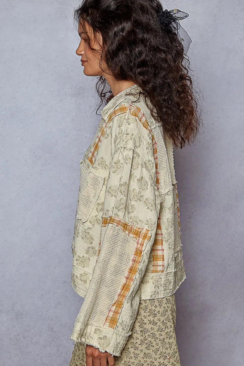 POL Raw Hem Zip Up Floral Jacket with Plaid and Crochet Patch-Jacket-Trendsi-[option4]-[option5]-[option6]-[option7]-[option8]-Shop-Boutique-Clothing-for-Women-Online