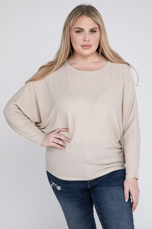 Zenana Plus Ribbed Batwing Long Sleeve Boat Neck Sweater-ZENANA-[option4]-[option5]-[option6]-[option7]-[option8]-Shop-Boutique-Clothing-for-Women-Online