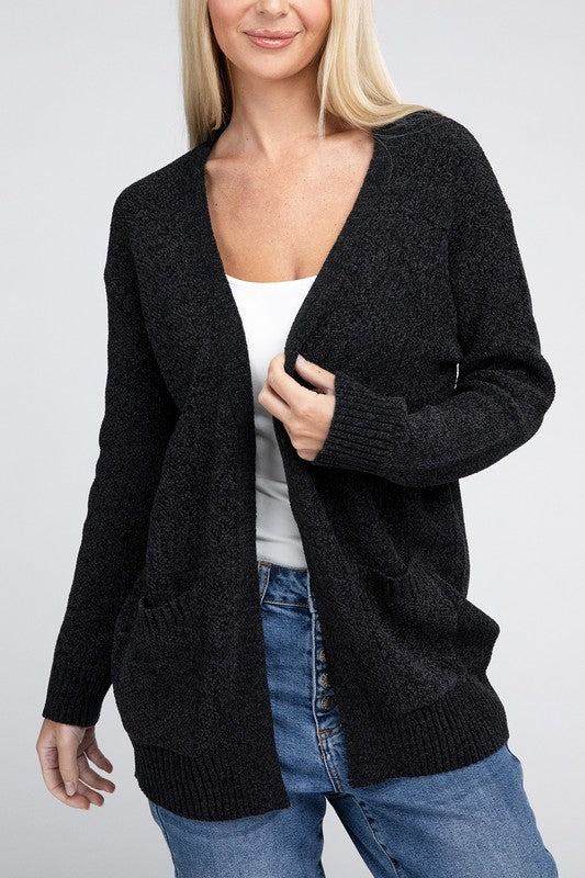 Zenana Melange Open Front Sweater Cardigan-ZENANA-BLACK-S-[option4]-[option5]-[option6]-[option7]-[option8]-Shop-Boutique-Clothing-for-Women-Online