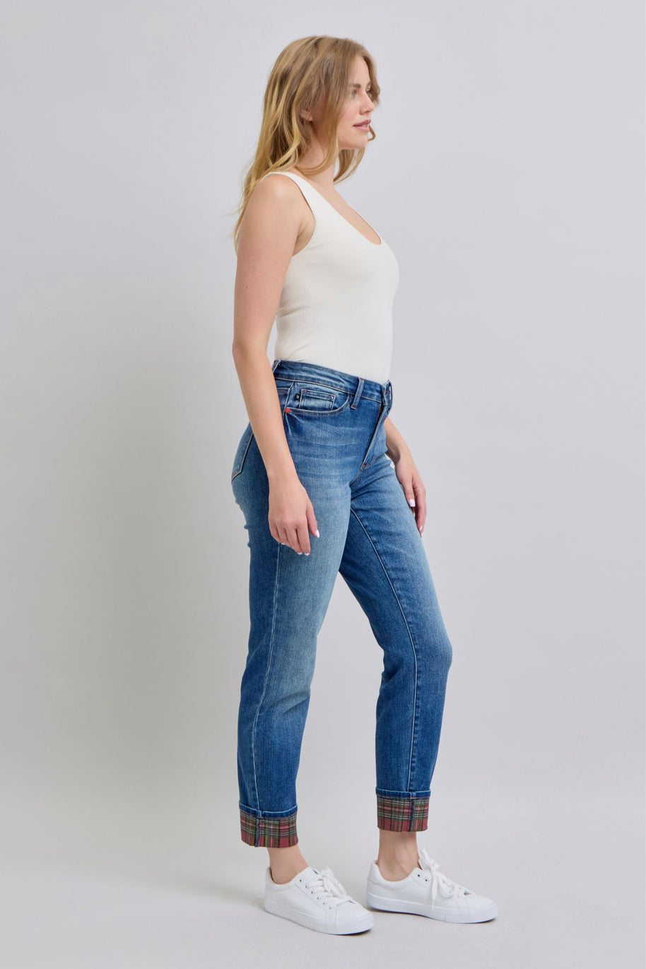 Judy Blue Plaid Print Cuff Boyfriend Fit Jeans-Trendsi-[option4]-[option5]-[option6]-[option7]-[option8]-Shop-Boutique-Clothing-for-Women-Online