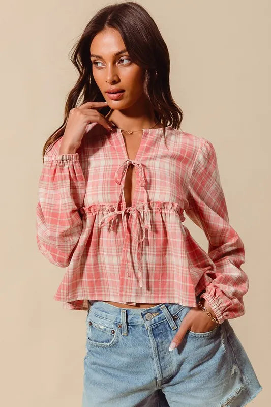 SO ME Front Tie Checkered Plaid Blouse-Blouses-Trendsi-[option4]-[option5]-[option6]-[option7]-[option8]-Shop-Boutique-Clothing-for-Women-Online