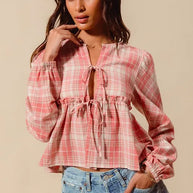 SO ME Front Tie Checkered Plaid Blouse-Blouses-Trendsi-[option4]-[option5]-[option6]-[option7]-[option8]-Shop-Boutique-Clothing-for-Women-Online