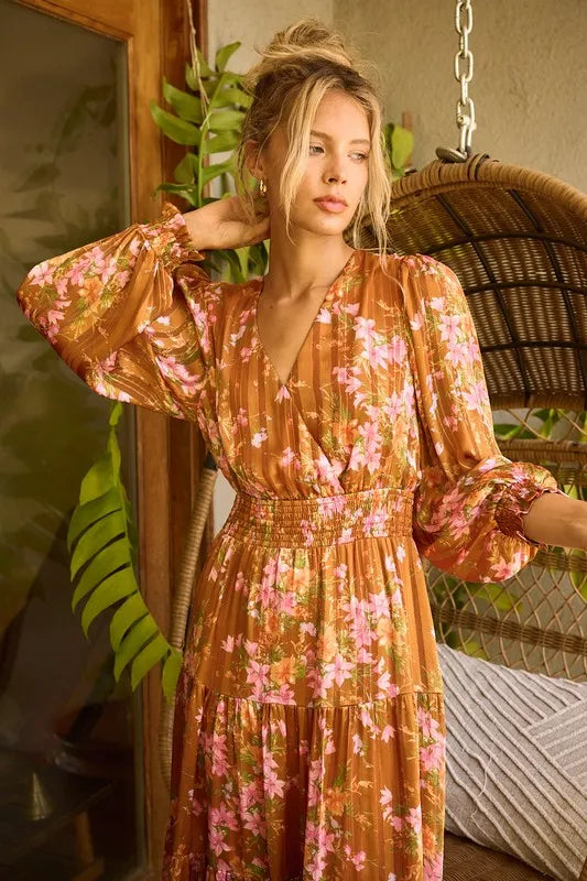 Mittoshop Flower Print Satin Lurex Stripe Smocked Midi Dress-Dresses-Trendsi-[option4]-[option5]-[option6]-[option7]-[option8]-Shop-Boutique-Clothing-for-Women-Online