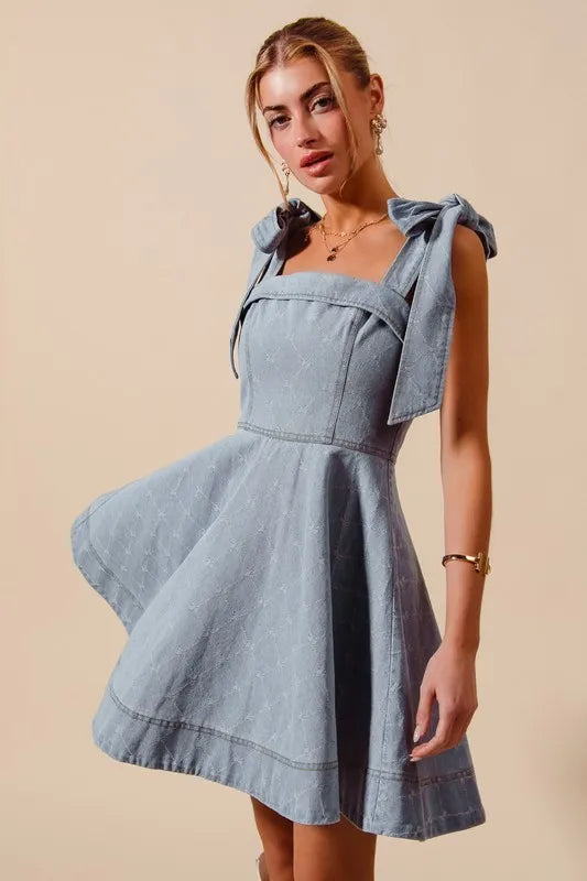 SO ME A Line Fit and Flare Diamond Bow Ribbon Denim Dres-Dresses-Trendsi-[option4]-[option5]-[option6]-[option7]-[option8]-Shop-Boutique-Clothing-for-Women-Online