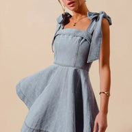SO ME A Line Fit and Flare Diamond Bow Ribbon Denim Dres-Dresses-Trendsi-[option4]-[option5]-[option6]-[option7]-[option8]-Shop-Boutique-Clothing-for-Women-Online