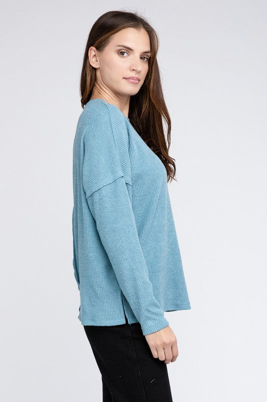 Zenana Ribbed Brushed Melange Hacci Sweater with a Pocket-ZENANA-[option4]-[option5]-[option6]-[option7]-[option8]-Shop-Boutique-Clothing-for-Women-Online