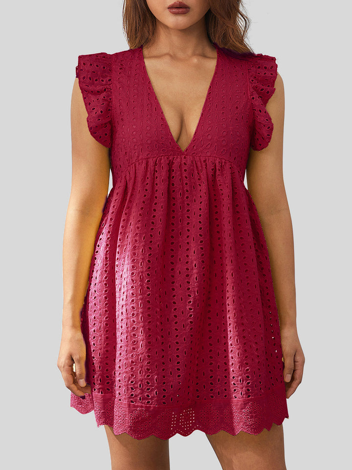 Ruffled Eyelet Cap Sleeve Mini Dress-Trendsi-Deep Rose-S-[option4]-[option5]-[option6]-[option7]-[option8]-Shop-Boutique-Clothing-for-Women-Online