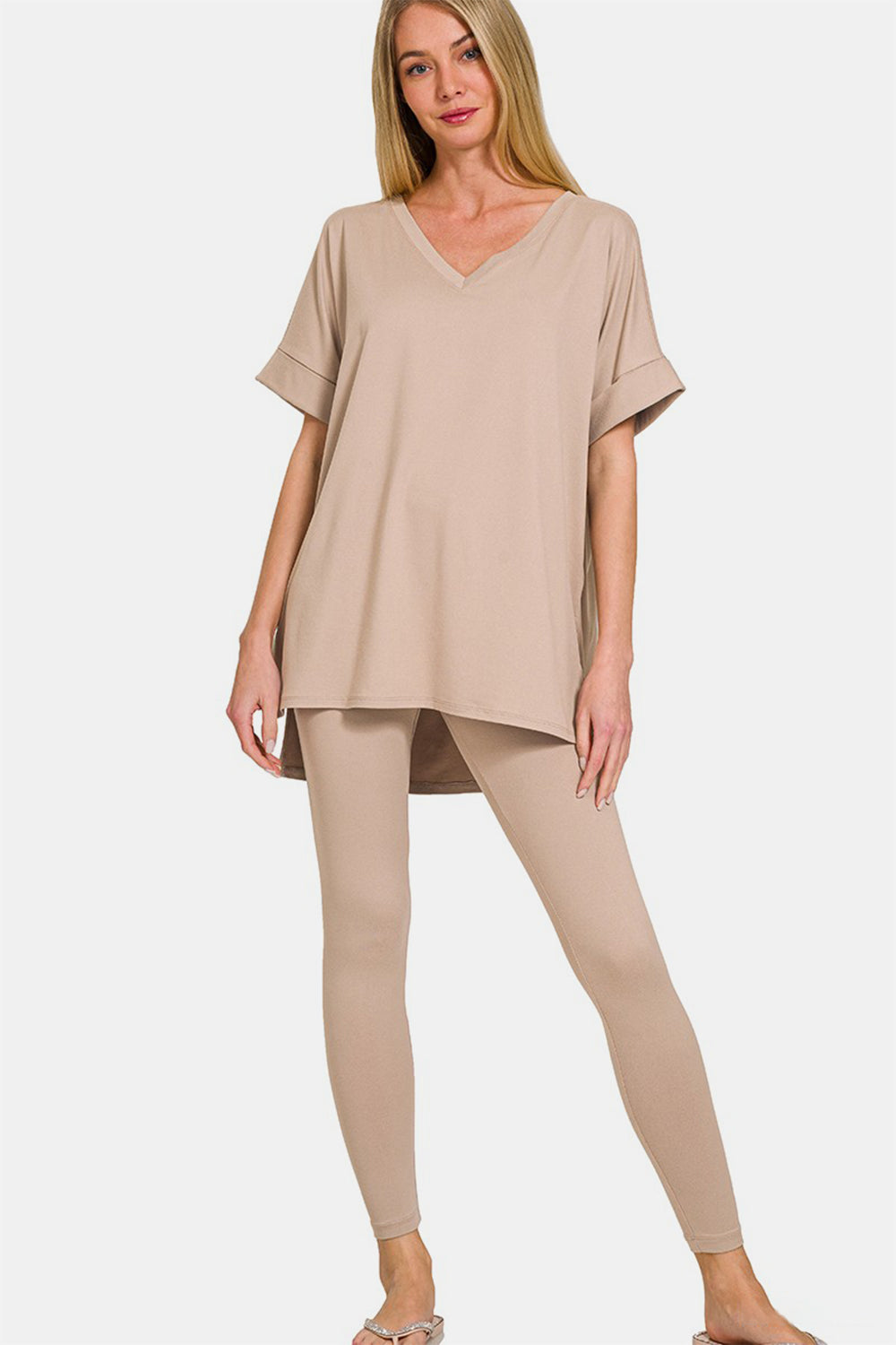 Zenana V-Neck Rolled Short Sleeve T-Shirt and Leggings Lounge Set-Trendsi-Lt Mocha-S-[option4]-[option5]-[option6]-[option7]-[option8]-Shop-Boutique-Clothing-for-Women-Online