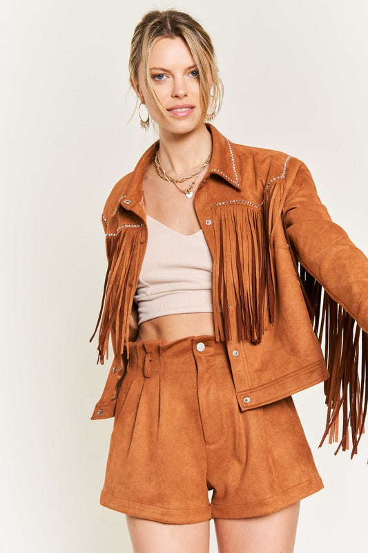 Suede studded fringe jacket-Jade By Jane-CAMEL-S-[option4]-[option5]-[option6]-[option7]-[option8]-Shop-Boutique-Clothing-for-Women-Online